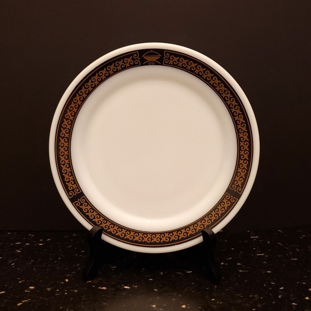 Pyrex Ebony Fleur De Lis Plate Black Band Gold Vintage Milk Glass Corning